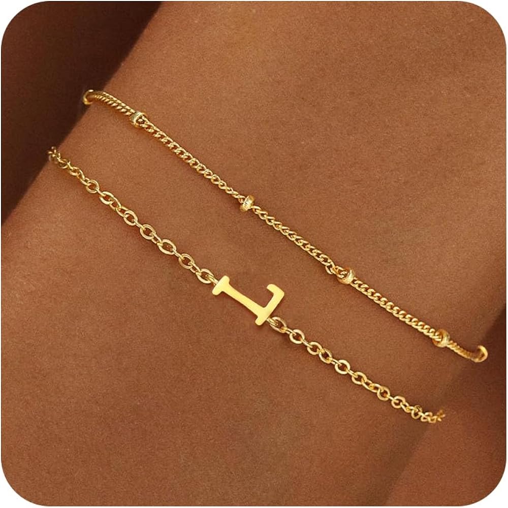 Gold Initial Bracelets for Women Girls - 18K Gold Plated Layered Letter Initial Bracelet Dainty Gold Initial Charm Bracelet Gold Bracelets for Women Teen Girl Gifts Trendy Stuff