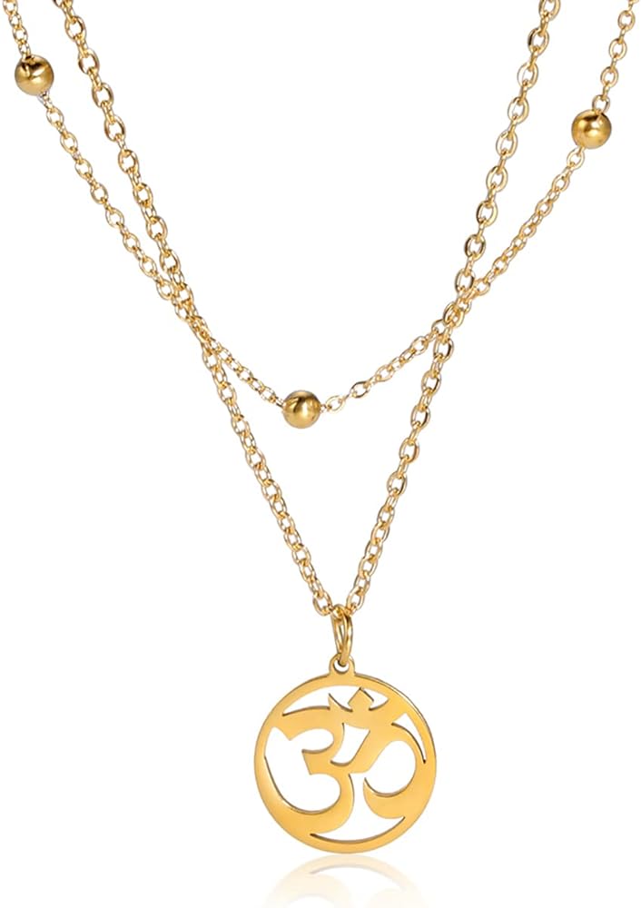 Necklace For Women- Aum Om Ohm Sanskrit Symbol Round Pendant Beaded Double Layer Chain Charm Necklace,Hinduism Yoga Sanskrit Personalized Amulet Dainty Pendant Necklace Jewelry