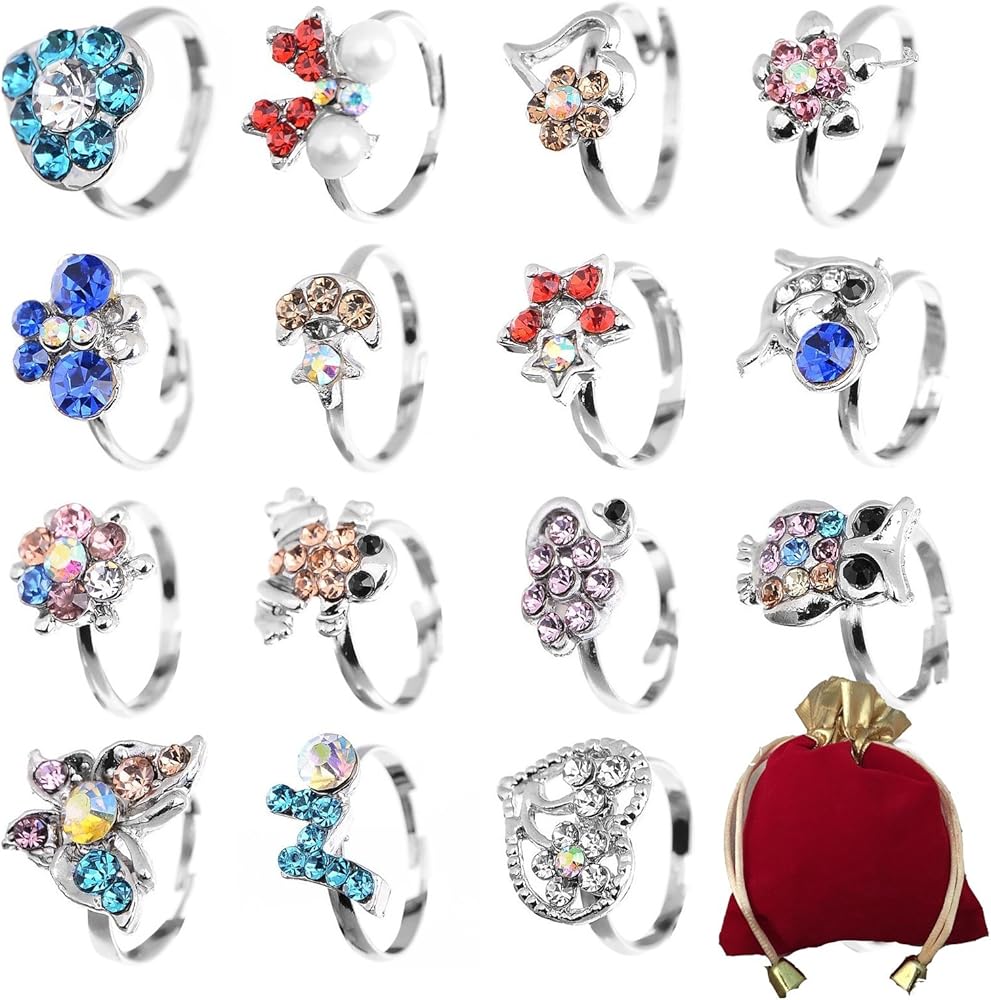 Shuning Children Kids 20pcs Cute Crystal Adjustable Rings Jewelry with Gift Bag