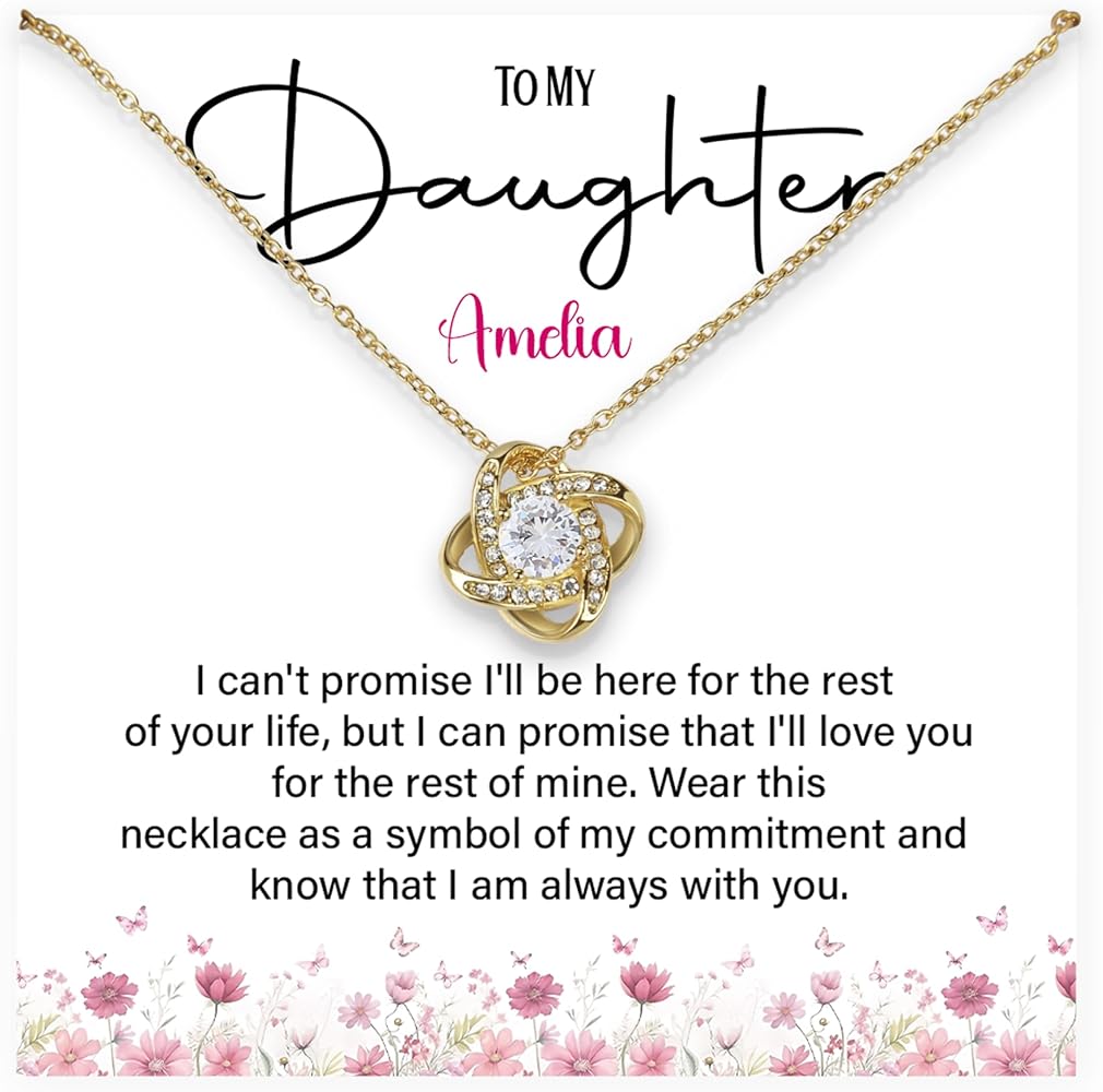 To My Daughter Necklace Gif From Dad And Mom, Birthday Gift For Daughter, Father And Daughter Necklace Gift, Daughter Pendant From Mom, Custom Personalized Name Necklace For Daughter Jewelry With Message Card And Gift Box, Personalized Love Knot Pendant Necklace.