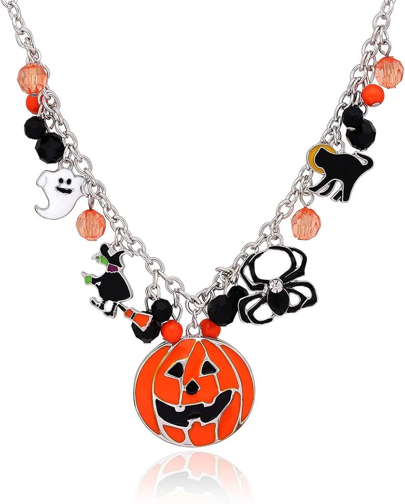 XOCARTIGE Halloween Pumpkin Pendant Necklace Witch Cat Charms Necklace Party Ghost Long Chain Necklaces for Women