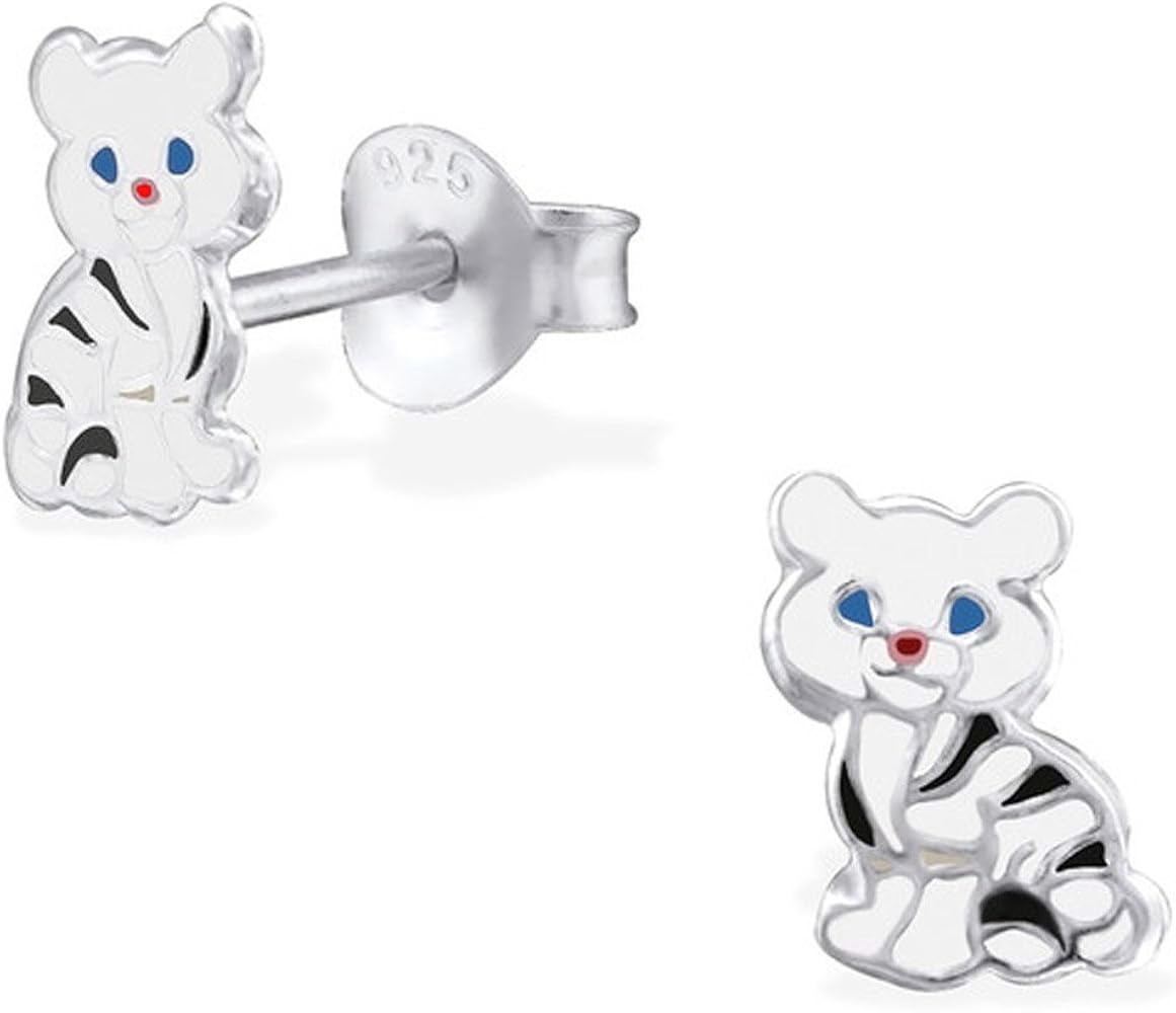 Cute White Tiger Studs Earrings Small Girls 925 Stering Silver (E26314)