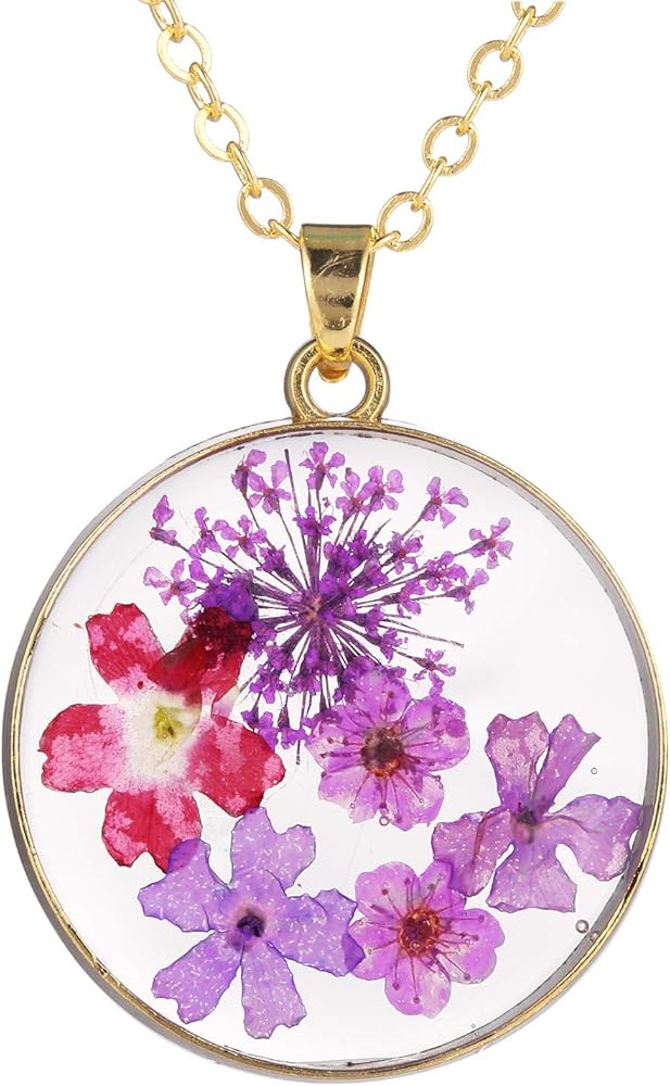 Gold-tone Multi-Colored Pressed Flower Round Pendant Necklace with 17.7" Chain