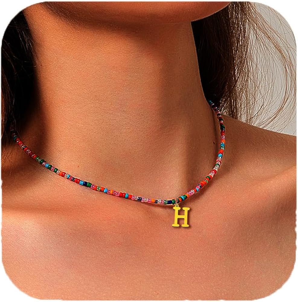 Colorful Beaded Initial Necklaces for Girls Teen Girl Gifts Handmade Personalized Stainless Steel 18K Gold Plated Letter Choker Bohemian Little Necklace Girls for Teenage Gifts