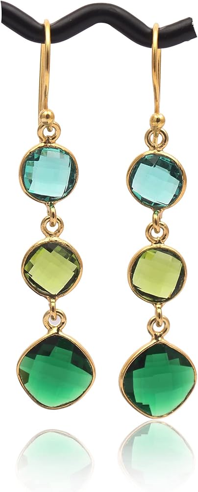 Gemstone Apatite,Citrine, & Crystal Quartz Handmade Earring | Dangle Hook Round & Trillion Shape Bezel Set Pair | Gold Plated Bezel Set Gift For Her Earring Jewelry 1759)55