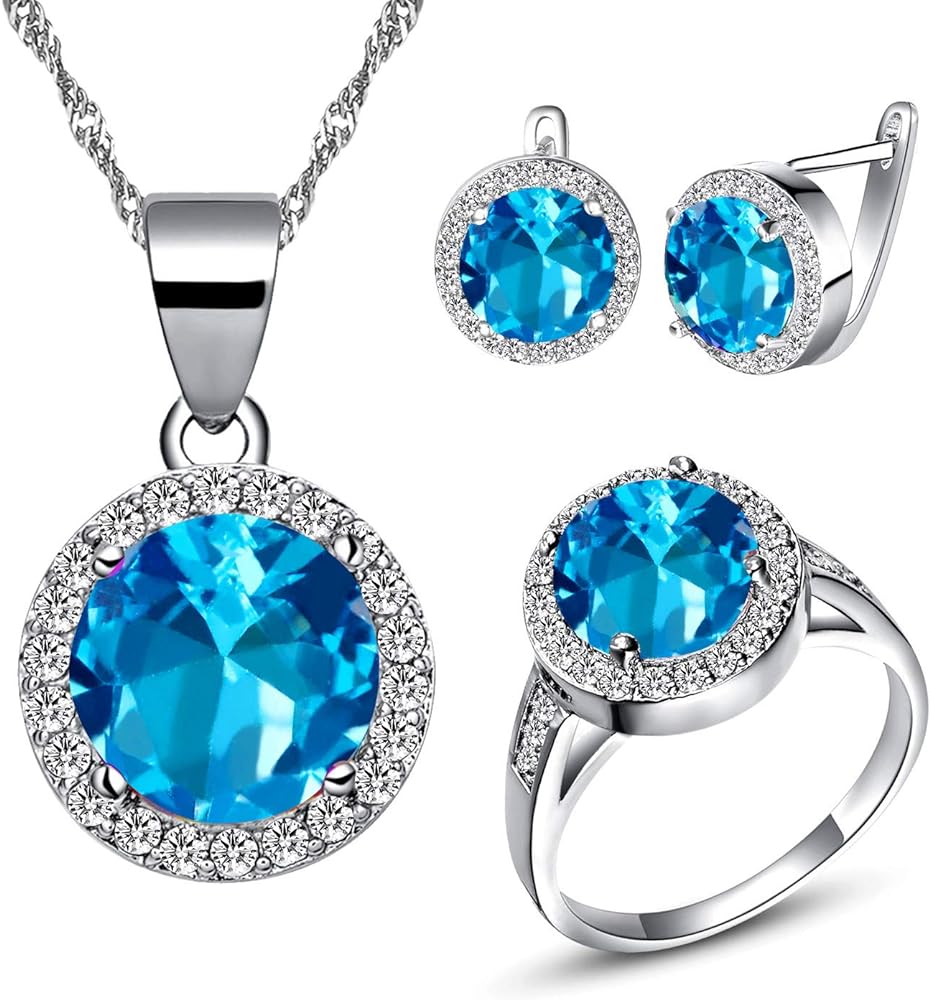 Uloveido Good Luck Big Round Shape Crystal Drop Pendant Necklace, Earrings and Rings Wedding Jewelry Set for Bridal Women Birthday Anniversary T484