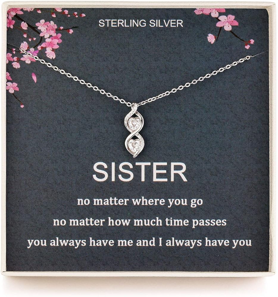 Sister Gifts from Sister, Sterling Silver Infinite Two Interlocking Infinity Double Hearts Necklace, Birthday Jewelry Gift Necklaces for Sisters, No Matter