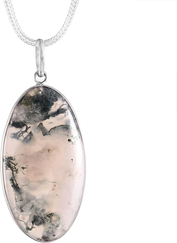 Sterling Silver 925 Gemstone Oval Moss Agate Pendant With Chain Necklace Gift Jewelry