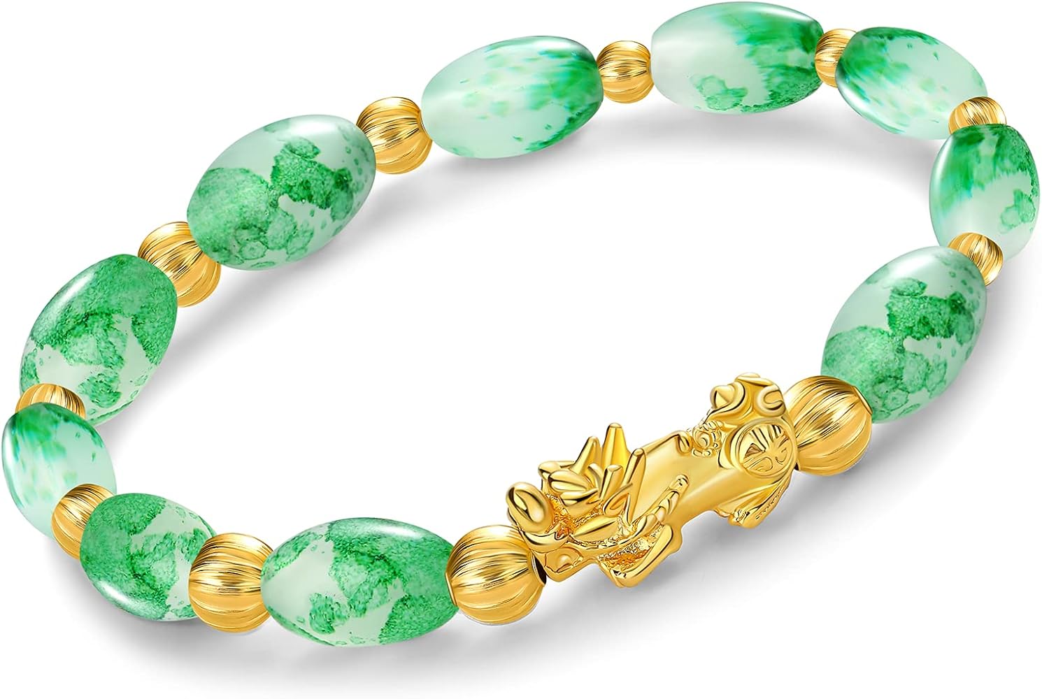 Feng Shui Pixiu Bracelet 12mm Amulet Dragon Natural Stone Beads Bracelet Attract Wealth Money and Good Luck(Green)