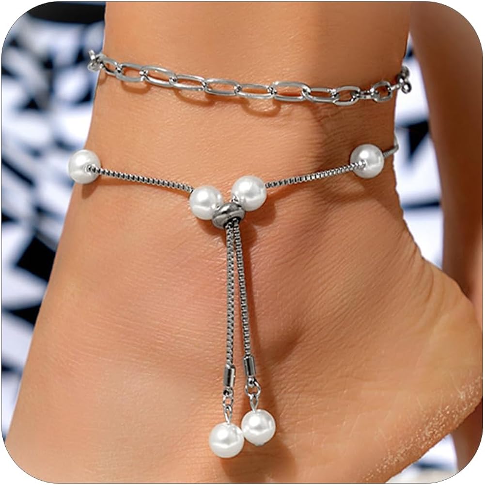 Harry and Henry Layered Pearl Anklets for Women Boho Foot Jewelry for Summer Beach Link Chain Stackable Ankle Bracelets Set Pearl Pendant Anklets for Girls Gifts (SILVER)