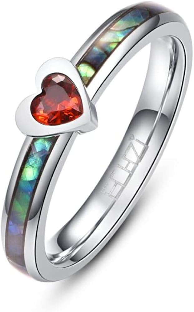 Abalone Shell Inlay Stainless Steel Rings Dainty Love/Heart Band Wedding red Cubic Zirconia Cz 3mm Ring for Women Her Teens Girls Girlfriend Size 6 to 10