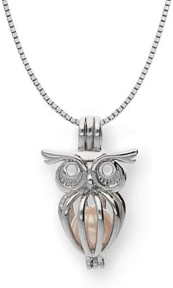 Pearlina Sterling Silver Owl Necklace Cage Cultured Pearl in Oyster Wish pearl Set 18"