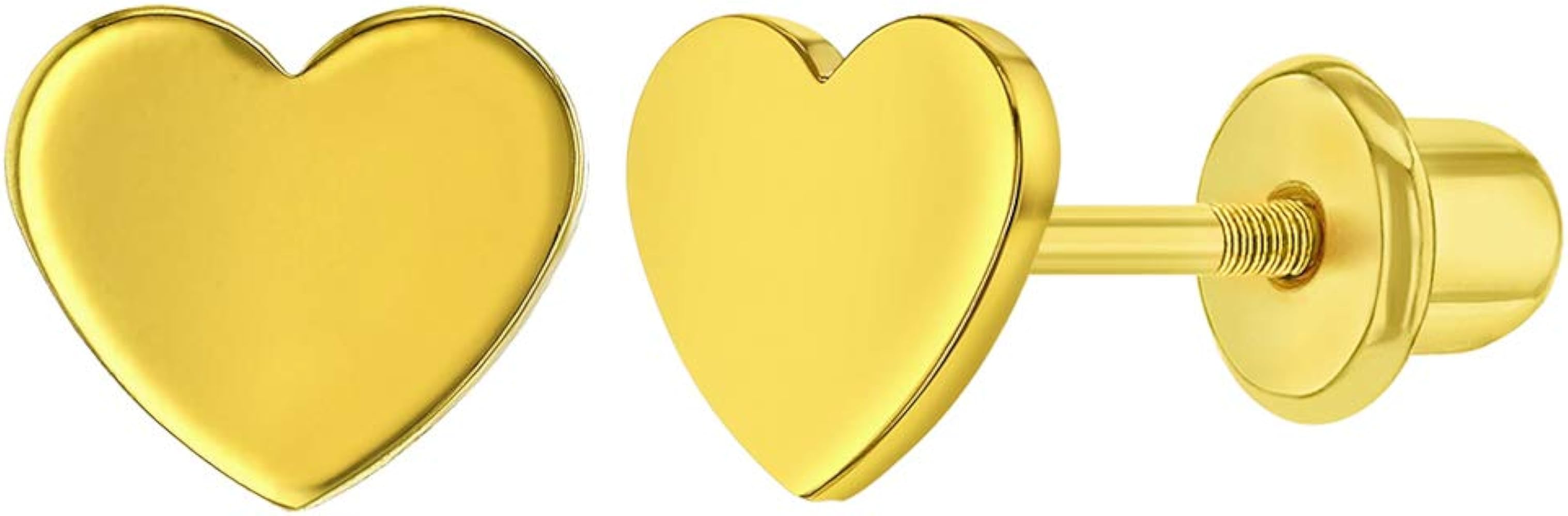 Gold Plated Plain Heart Screw Back Earrings for Babies, Infants, and Toddlers - Plain Love Heart Screw Back Girls Earrings - Lightweight Jewelry for Kids