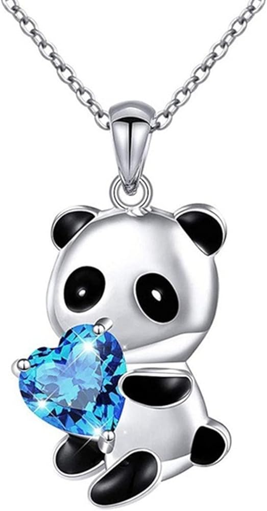 Crystal Panda Choker Necklace Chain Silver Panda White Crystal Heart Necklace Panda Bear Pendant Necklace Panda Heart Love Necklace Cute Animal Necklace Jewellery Gift for Women Girls