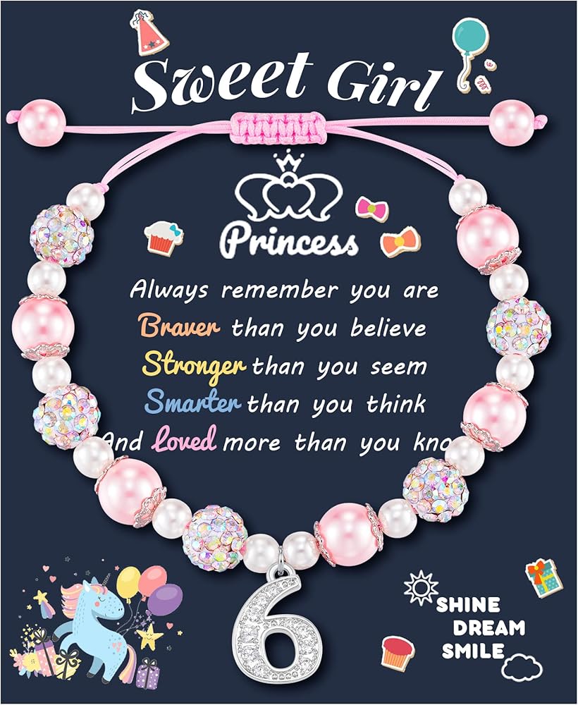 4th-13th Birthday Gifts, Pink Pearl and Rhinestone Lucky Number Bracelet for Girls Daughter Granddaughter Niece