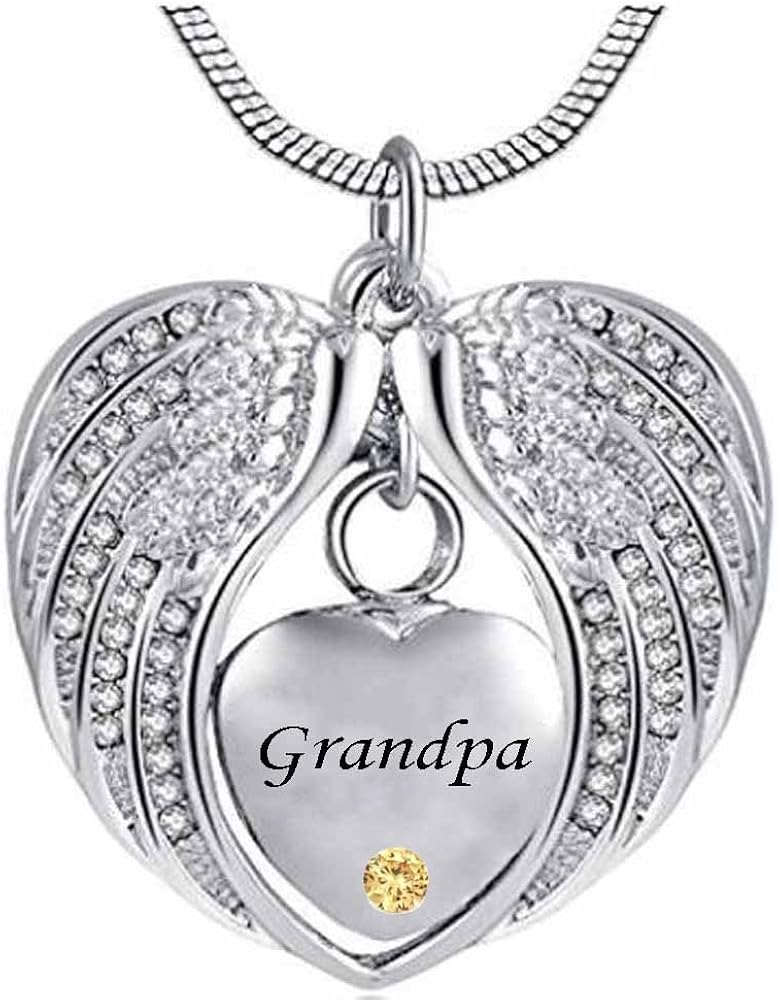 misyou Birthstone Angel Wings Grandpa Cremation urn Memorial Keepsakes Necklace Ashes Jewelry Stainless Steel Pendant