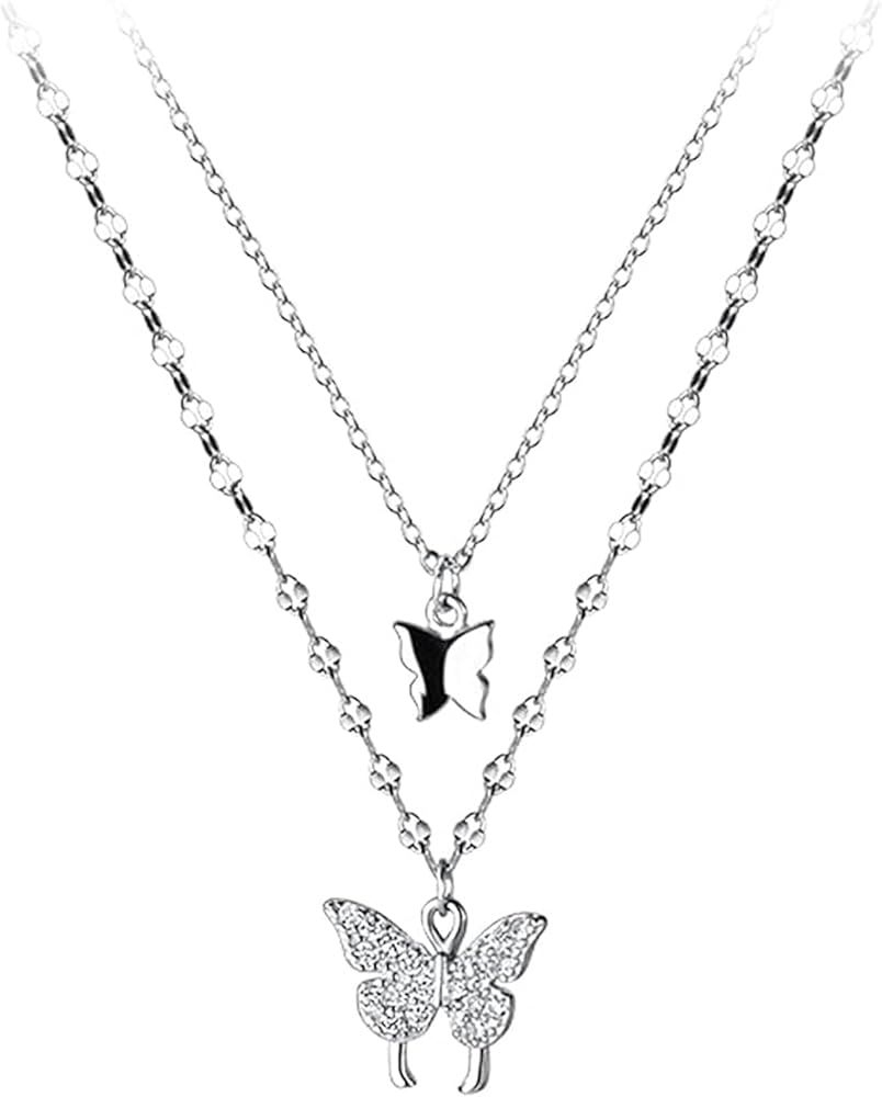 Tatibana Sterling Silver Butterfly Necklace, Vintage Layered Crystal Necklace for Women & Teen Girls, 925 Silver Choker with Double Butterfly Pendant