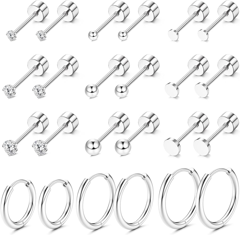 LOYALLOOK Gold Plated Tiny Stud Earrings Stainless Steel Earring Sets for Multiple Piercings Small Huggie Hoop Earrings CZ Ball Flat Back Earrings Tragus Cartilage Earrings