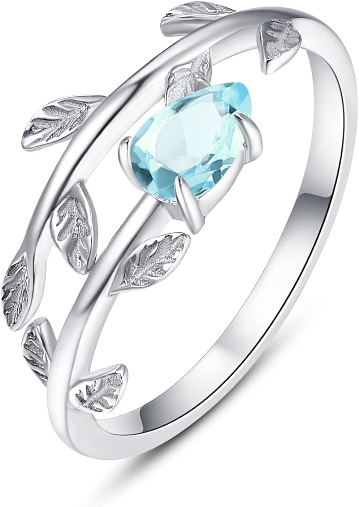 PRAYMOS 925 Sterling Silver Leaf Birthstone Rings Adjustable Open Ring for Women with Jewelry Box Size 7-9