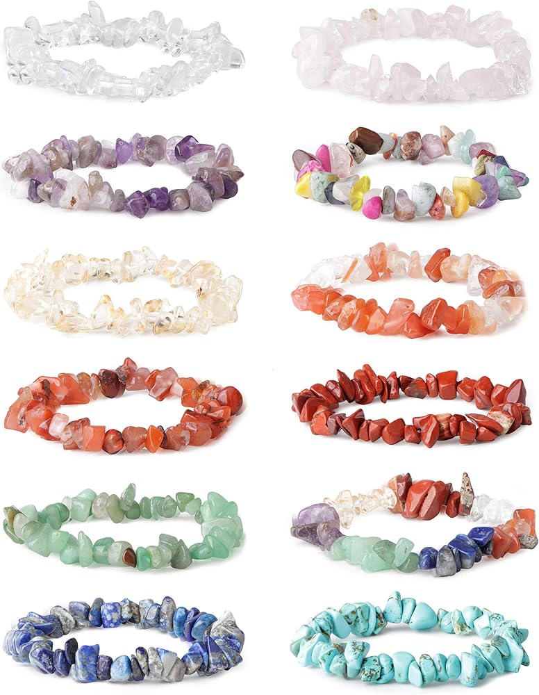 LOYALLOOK 8-12Pcs Natural Gemstone Chakra Crystal Healing Chip Gemstone Stretch Bracelets Tumble Polished Align Chakras/Conquer Fear/Increase Communication Reiki