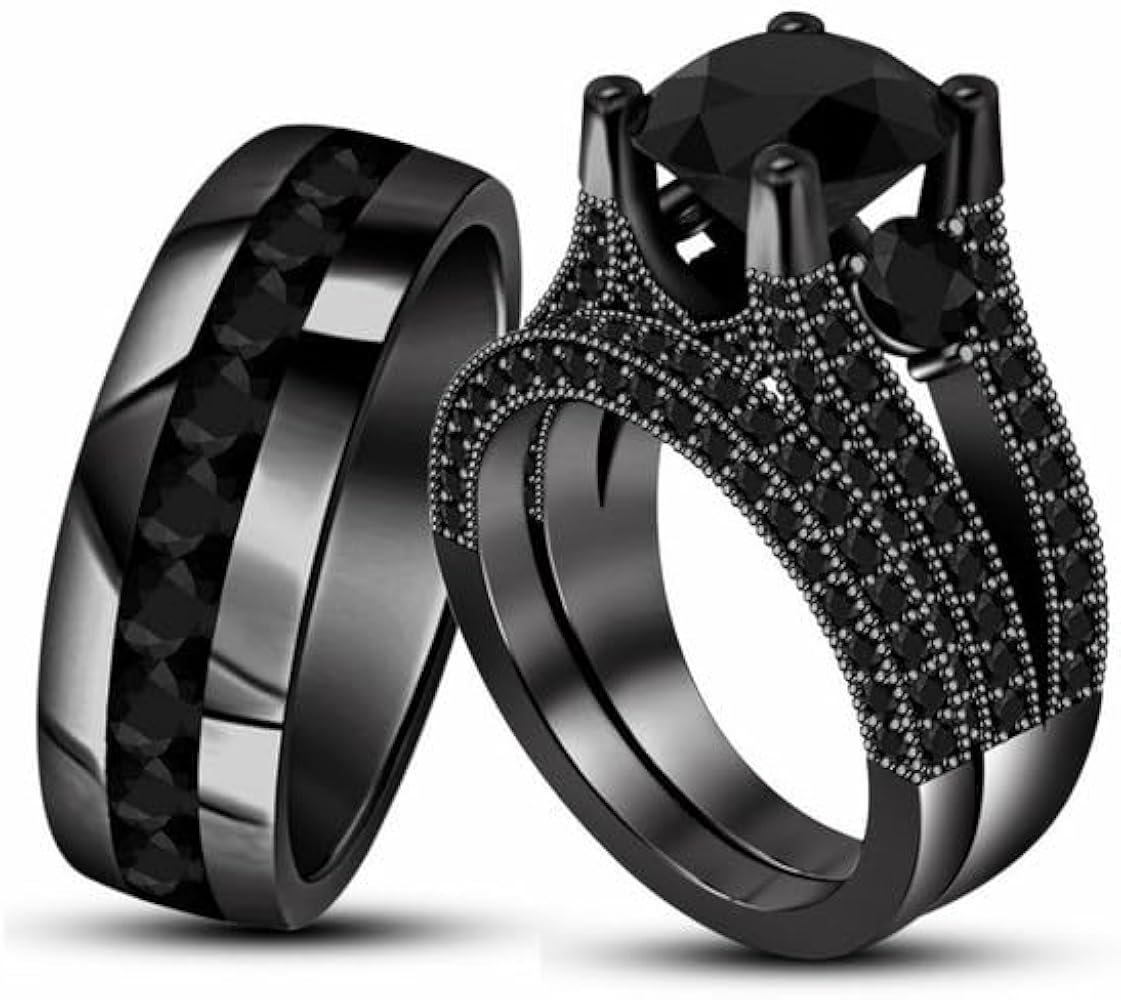 Indi Gold & Diamond Jewelry 3.00Ct Round Cut Created Black Diamond Wedding Trio Ring Set for Him & Her 14K Black Gold Finish,925 Sterling Silver