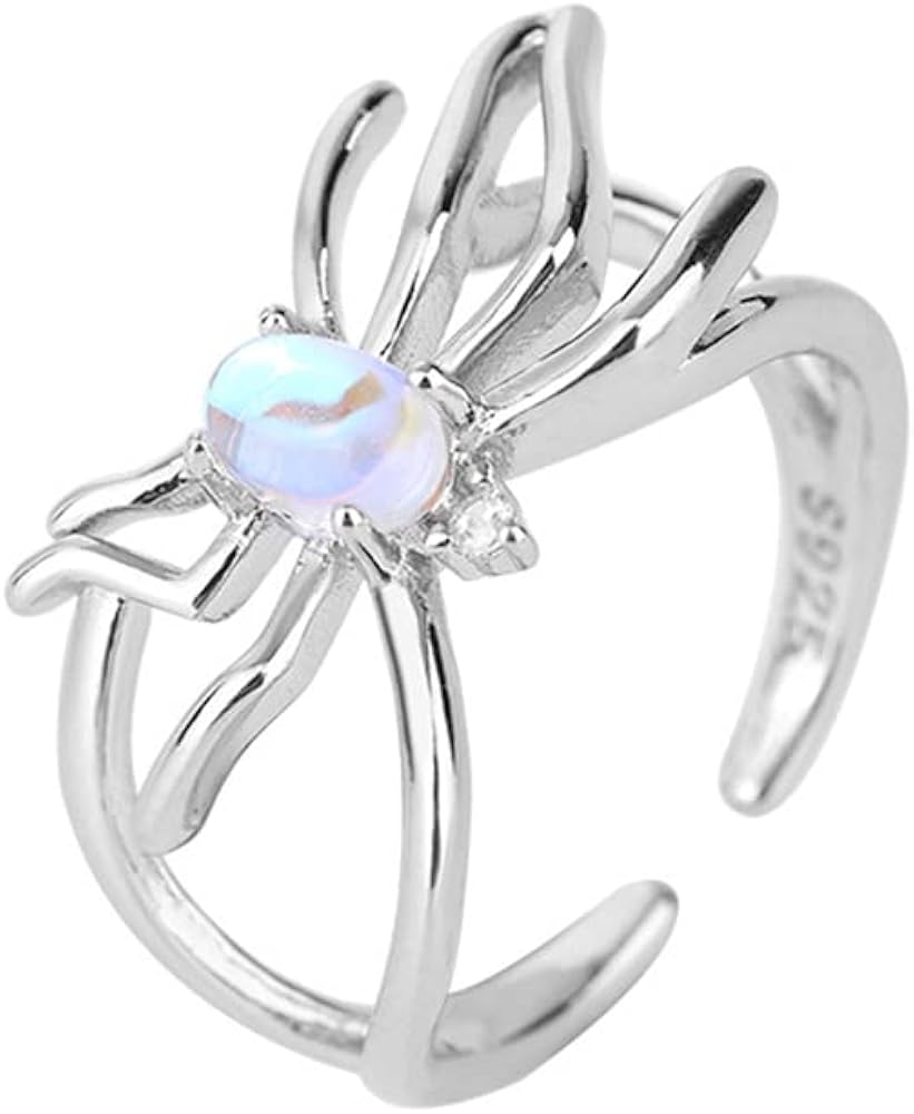 Moonstone Spider Sterling Silver Plated Open Statement Rings Crystal Adjustable Eternity Wedding Open Ring Fashion Dainty for Women Teen Girls Men Halloween Cocktail Party Biker Jewelry