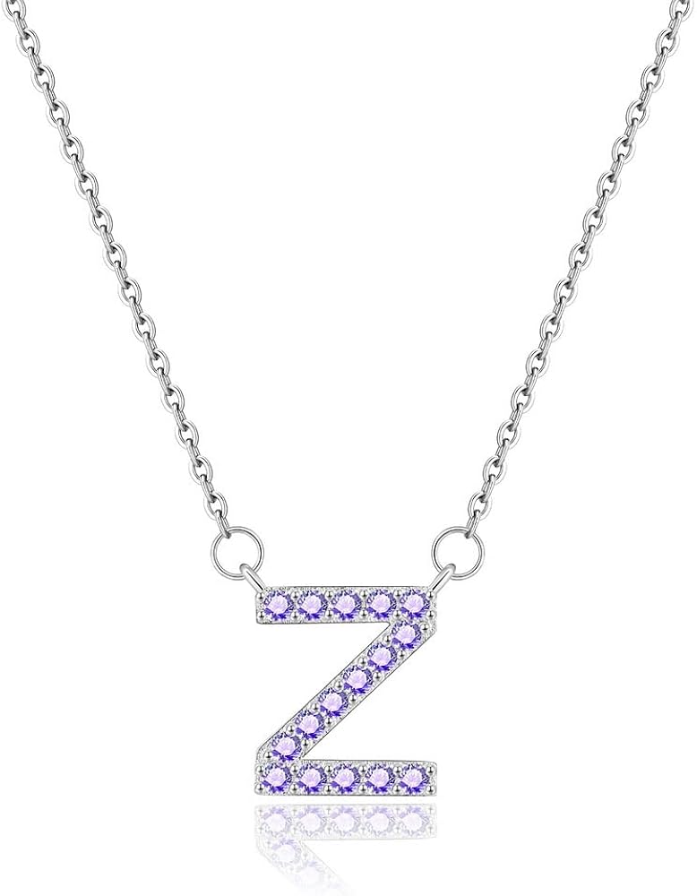 Initial Necklace Pendant 14K White Gold Plated Amethyst Crystal Letter Necklace for Women Girls