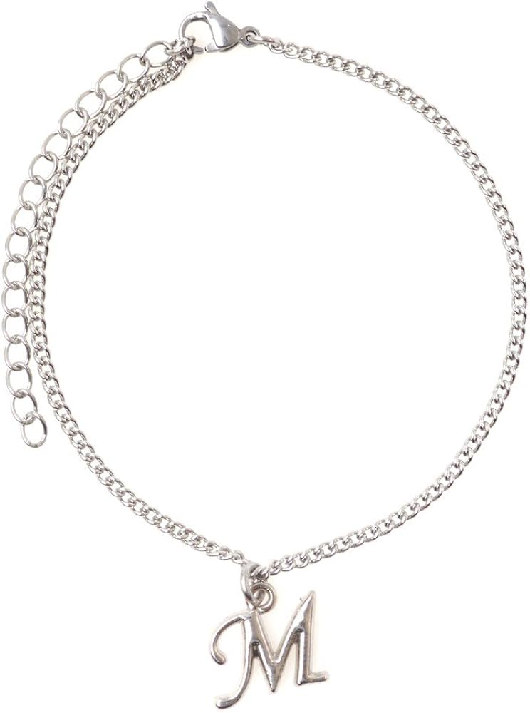 It's All About...You! 7.5” - 9.5” Stainless Steel Ankle Bracelet with Alloy Initial 26 Letter Options A-Z Curb Chain.