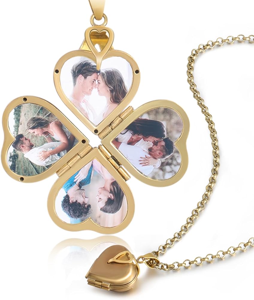 Nobelook Personalized Love Heart Locket Necklace That Holds 4 Photos Customizable Pendant Charms For Women Gold Plated Vintage Necklace for Mother Girls Christmas Birthday Gift Chain Length 31.49" Adjustable