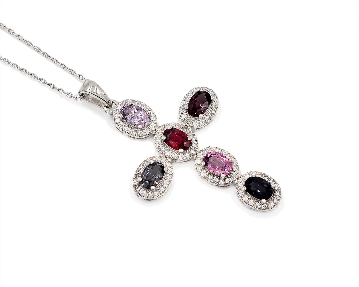 Natural 6X4 MM Oval Cut Multi Spinel Gemstone Holy Cross Pendant Necklace 925 Sterling Silver August Birthstone Multi Spinel Jewelry Engagement Gift For Her (PD-8450)