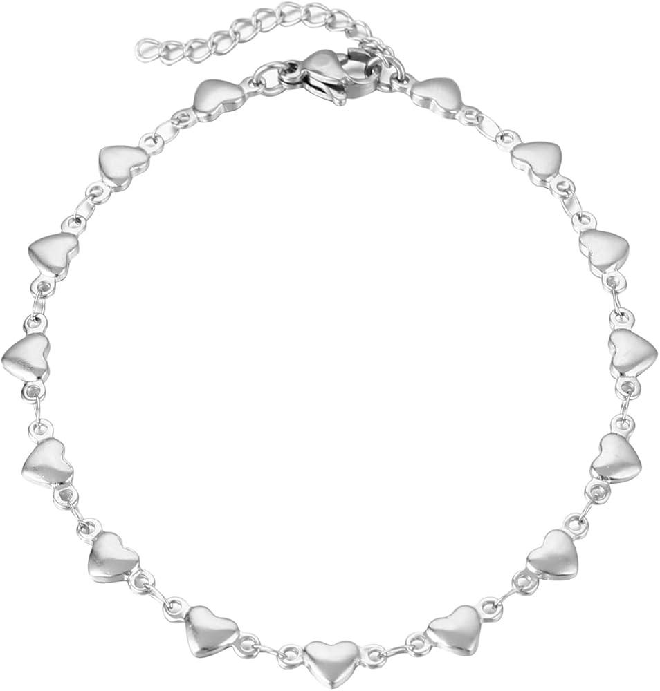 14K White Gold Plated Link Bracelet for Women Heart Star Round Beaded Charms Dainty Chain Simple Jewelry Gifts