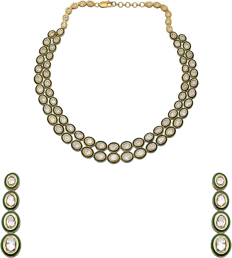 MOONEYE 17.00 CTW Natural Diamond Polki Green Enamel Bridal Necklace Set 925 Sterling Silver 14K Gold Plated with Green Enamel Ethnic Wear Slice Diamond Jewelry