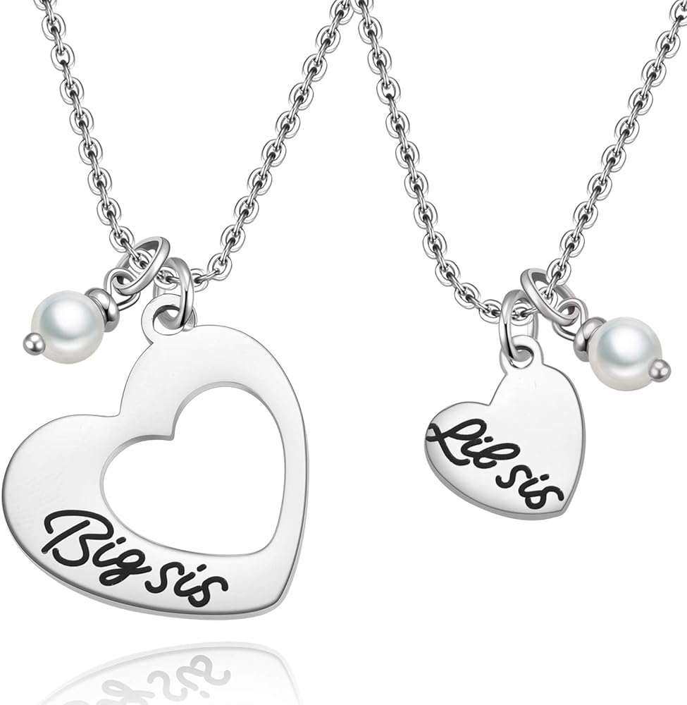 MIXJOY Sister Necklace for 2 Big Sis Little Sis Heart Pendant Necklace Set Stainless Steel