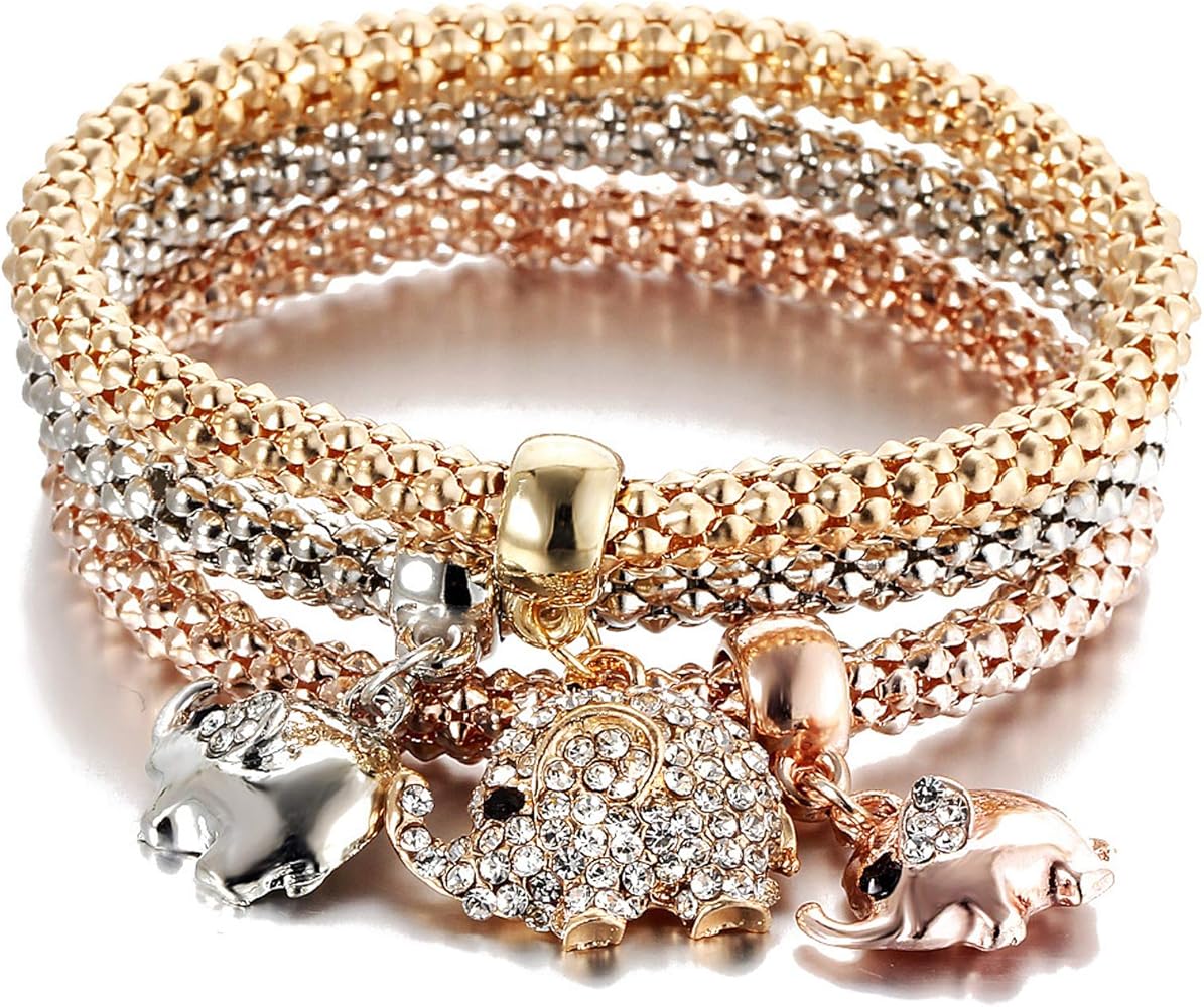 3PCS/SET Multilayer Butterfly Heart Elephant Charms Chain Bracelet Crystal Stretch Bracelet for Women Girls jewelry