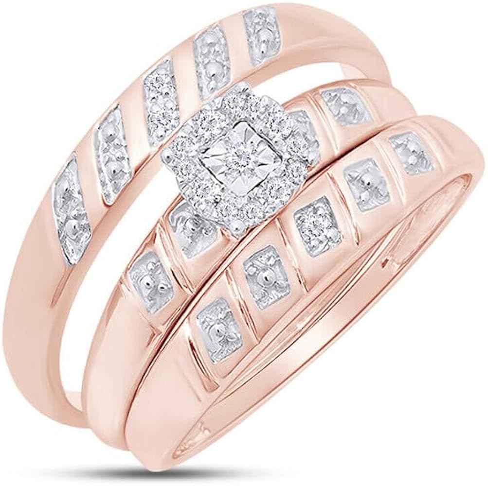 Indi Gold & Diamond Jewelry 2.00Ct Round Cut Created White Diamond Wedding Trio Ring Set for Him & Her 14K Rose Gold Finish,925 Sterling Silver