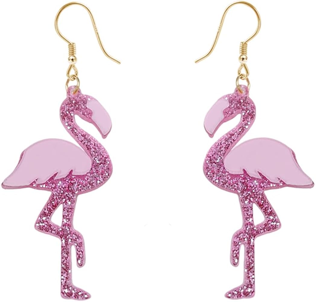 Cute Flamingo Glitter Dangle Drop Earrings for Women Teen Girls Dainty Lightweight Acrylic Animal Hook Statement Dangling Hanging Hypoallergenic Fashion Jewelry Valentine's Day Christmas Gifts