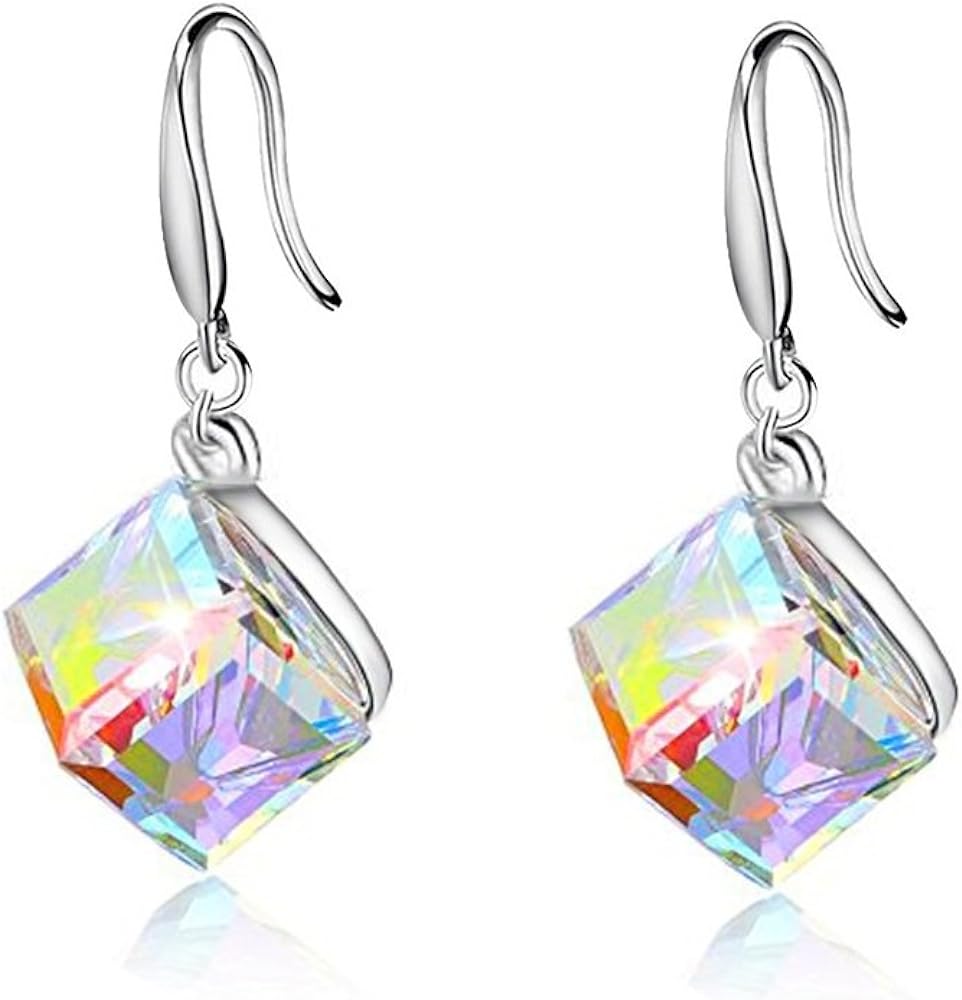 Uloveido Girl's Square Cube Authentic Austrian Crystal Hook Earrings and Rainbow Necklace Sets for Women - 925 Sterling Silver Wedding Engagement Jewelry Sets Box Packing Y418