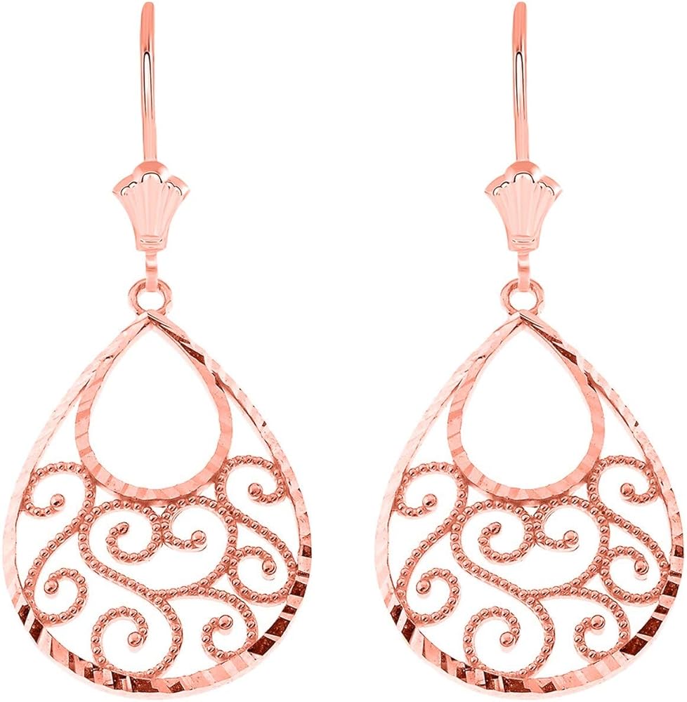 FILIGREE TEARDROP SPIRAL LEVERBACK EARRINGS IN 14K ROSE GOLD