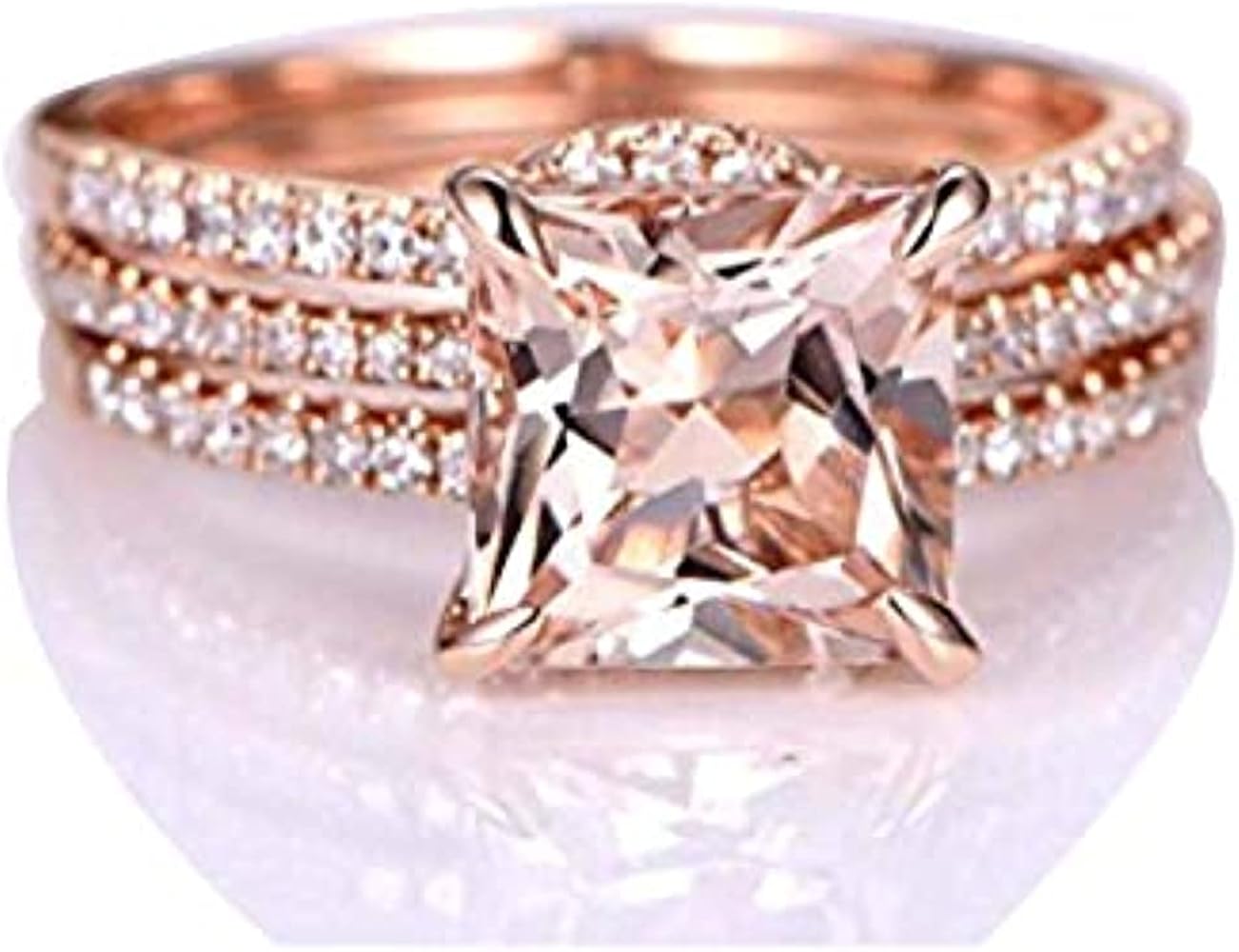 2 Ct Princess Cut Peach Morganite & Diamond Curved Promise Trio Halo Ring Band Set 14k Rose Gold Over Sterling Silver