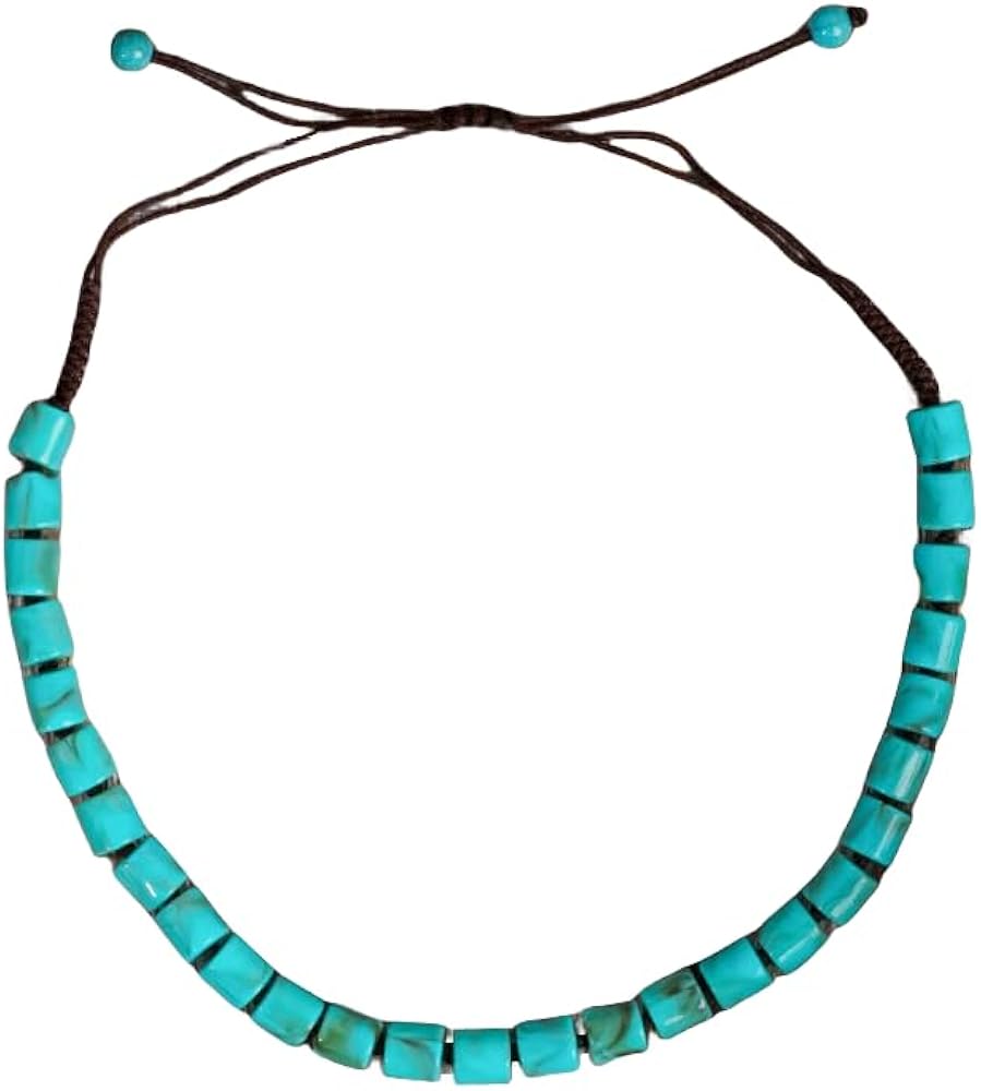 Bohemian Western Turquoise Strand Necklace Natural Stone Collar Chokers Handmade Adjustable Rope Chain Summer Long Pendant Beach Necklaces for Women Girls Vintage Birthday Mother's Day Jewelry