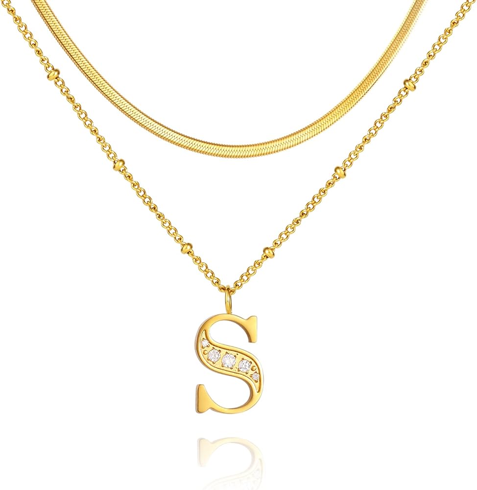 Gold Initial Necklaces For Women Girls Trendy, Dainty Diamond Letter Jewelry Gift For Teen Girls, Layered Link Chain Necklaces Simple 14K Gold Necklace For Women