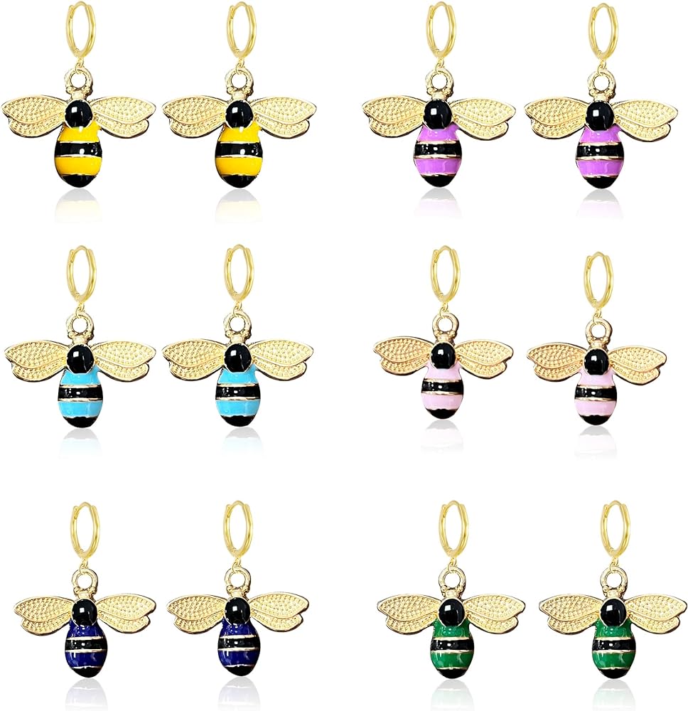 6 Pairs Bee Earrings S925 Hypoallergenic Gold Plated Bumble Bee Huggie Hoop Earring Bee Jewelry Gifts for Women Girls Set