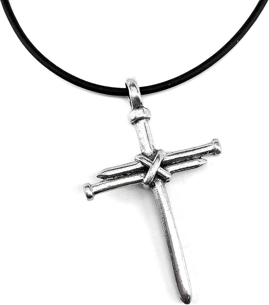 Cross Pendant Large Pewter Nails on Black Cord Necklace