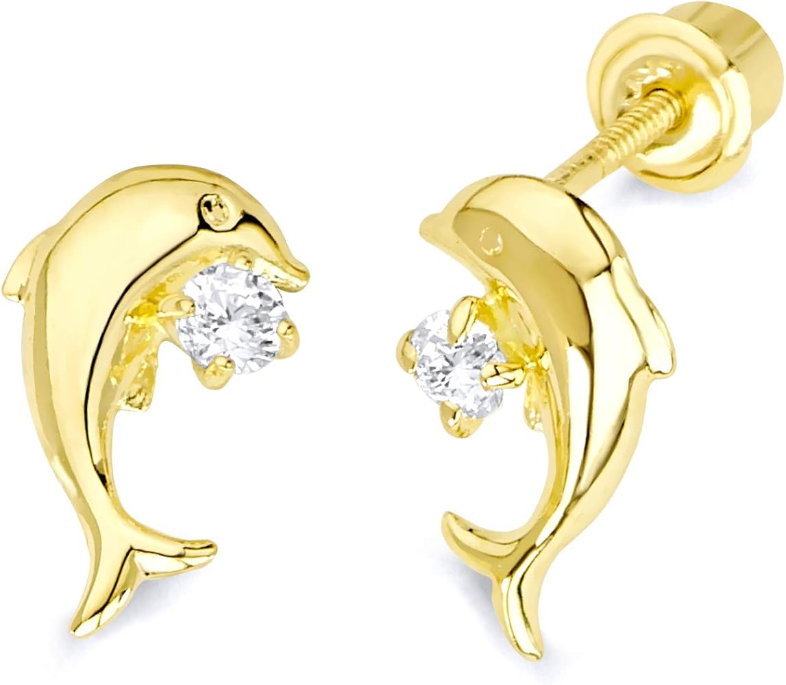 14k Yellow Gold Dolphin Stud with Screw Back - 2 Different Color Available