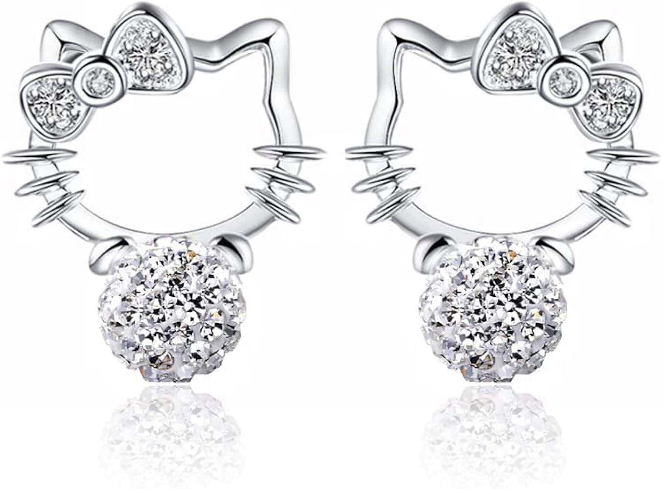 Sparkling Ball Cute Kitty Round Cut CZ Cute Cat Silver Plated Earrings