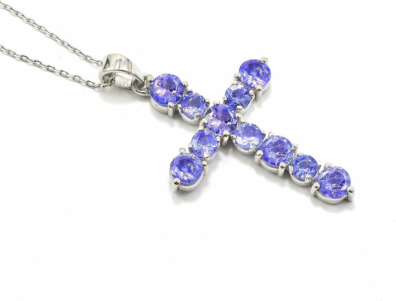 925 Sterling Silver Natural Tanzanite 5 MM Round Cut Gemstone Holy Cross Pendant Necklace December Birthstone Tanzanite Jewelry Birthday Gift For Mom (PD-8445)