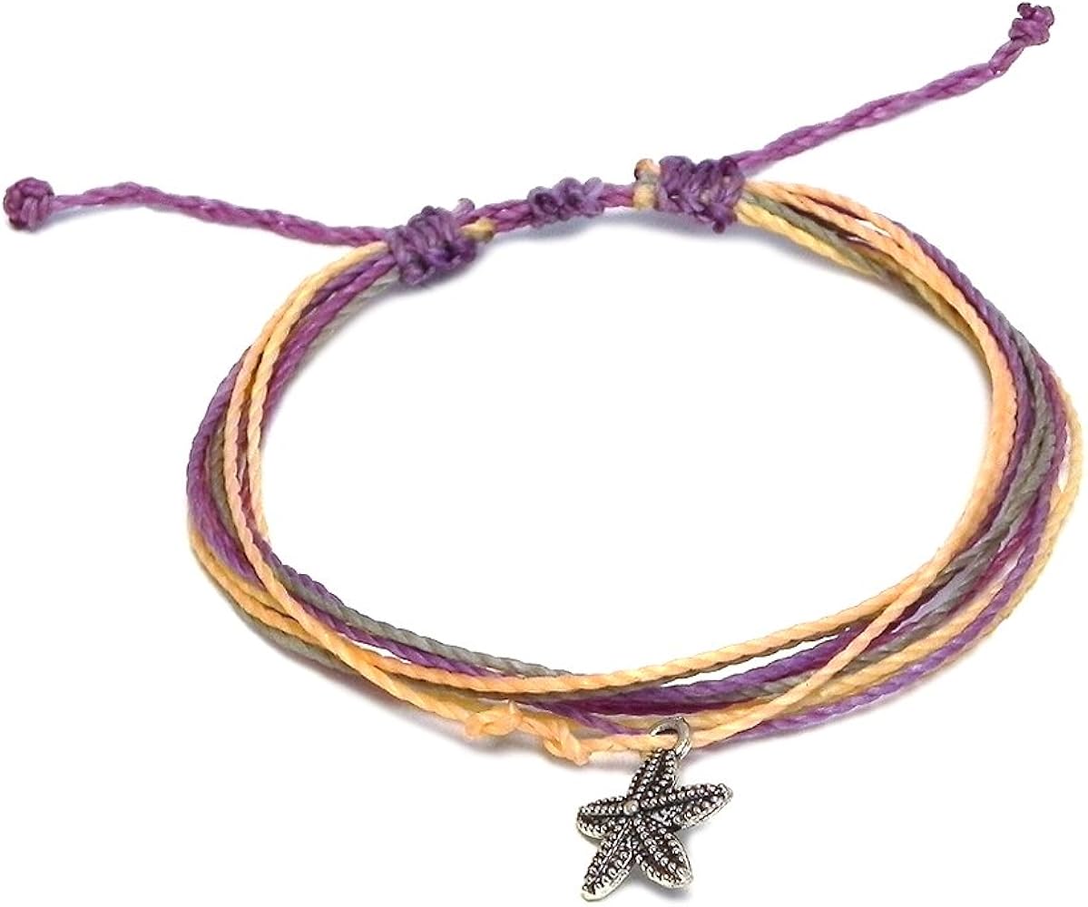 Silver Metal Starfish Charm Dangle Multicolored Multi Strand String Waterproof Adjustable Pull Tie Bracelet - Unisex Handmade Jewelry Boho Accessories