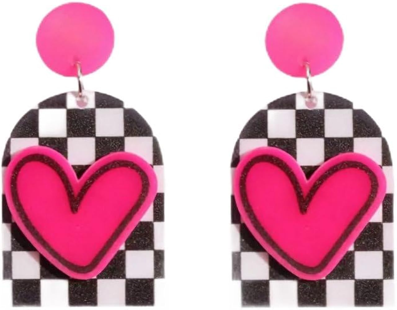 Geometric Shape Chic checkerboard Heart Pattern Acrylic Dangle Earrings,Cute Striped Printed Party Style Acrylic Jewelry Valentine's Day Gift For Lovers,Fashion Two-double Layer Black and White Checkered Ear Jewelry Suitable For Women Girls Clothing Accessories