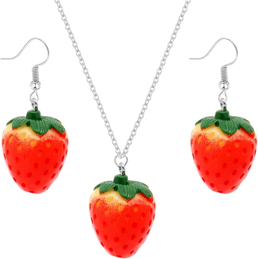 3D Simulated Fruit Red Strawberry Acrylic Necklace Earring Set.Cute Stereoscopic Red Strawberry Dangle Necklace Earring Set, Country Style Ear Clip Ear Hook Girl's Jewelry