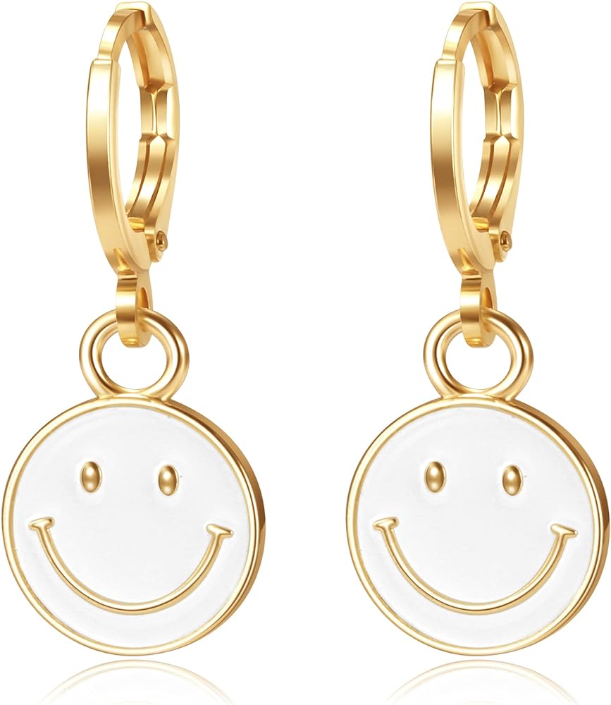 Huggie Dangle Hoop Earrings, 14K Gold Plated Smiley Face Drop Earring, Personalized Handmade Women Teen Girl Jewelry Gift